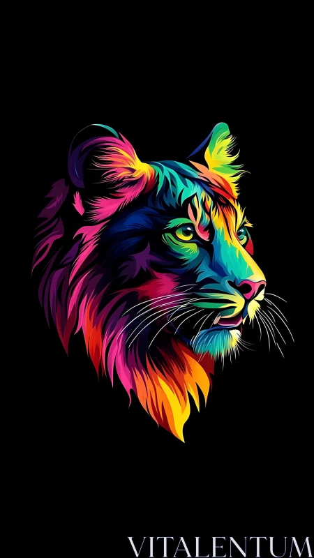 Chromatic tiger portrait blazing against deep black void.