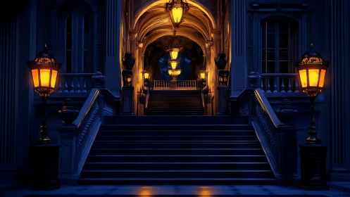 Grand staircase glows under warm lantern light at night.