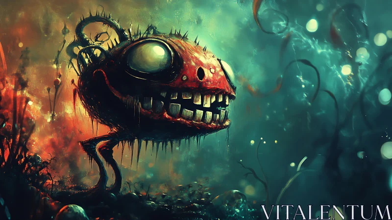 Bioluminescent creature in abstract aquatic landscape scene.