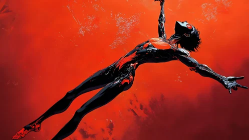 Crimson sky diver in liquid neon shadow armor ascends.