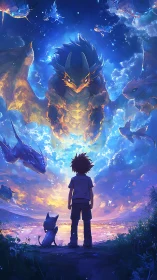 Boy and cosmic creatures sharing a glowing twilight sky.