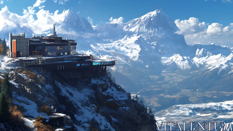 Futuristic cliffside research base overlooking snowy range.