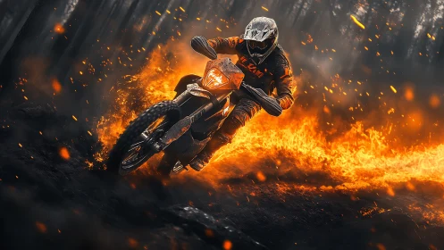 Dirt bike rider carving a fiery trail through the forest.