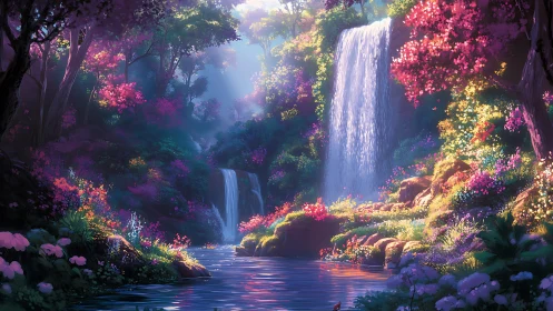 Digital landscape of twin waterfalls in dense floral forest.