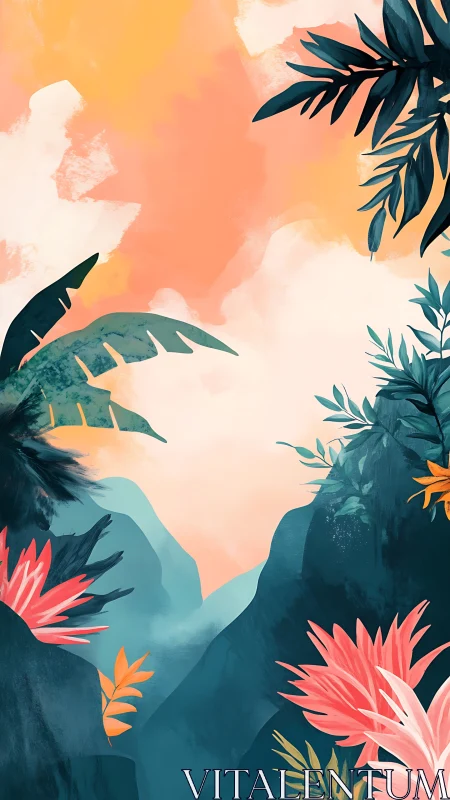 Sunrise canyon wrapped in teal jungle and coral blooms.