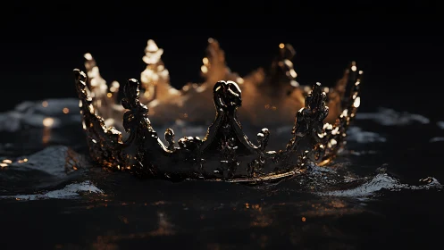 Molten gold crown rising from dark reflective water.