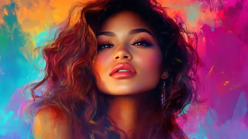 Vibrant digital portrait of woman against neon abstract field.