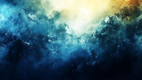 Abstract Ocean Waves in Blue and Golden Light Digital Painting.