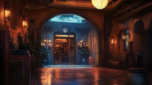 Futuristic lounge corridor glows with warm ambient light