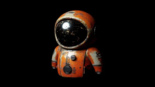 Rust-worn chibi astronaut in glossy orange suit on black.