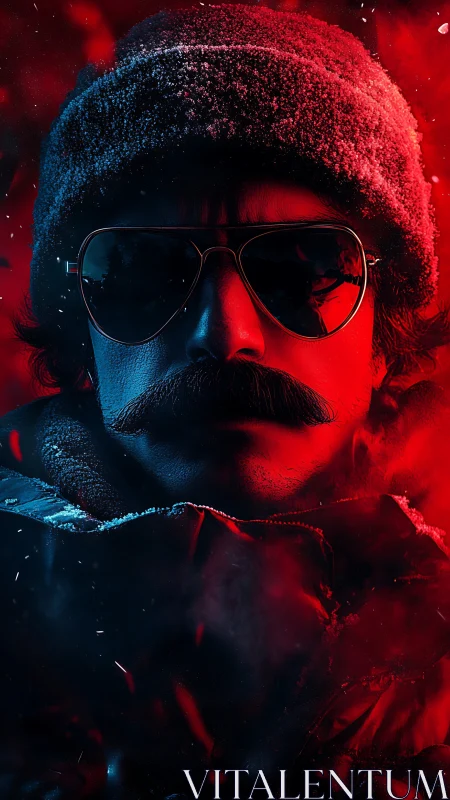 Frostbitten aviator in neon blaze of red and blue shadow.