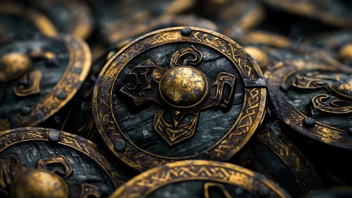 Battleworn golden round shields dreaming of old wars.