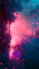 Neon mist alleyway humming in electric twilight hush.