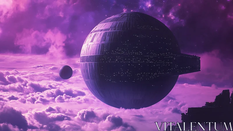 Spherical space station hovers above luminous violet clouds