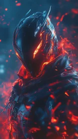 Armored humanoid figure glows with molten red energy sparks