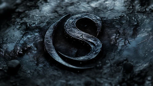 Metallic stylized S emblem lies on textured wet surface