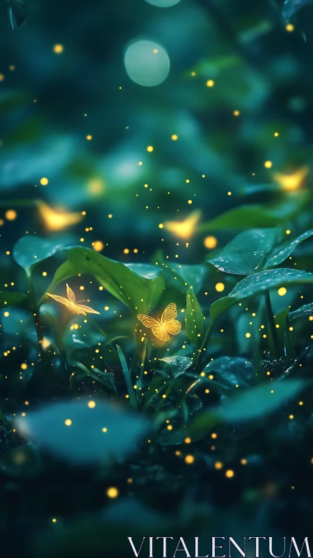 Bioluminescent butterfly swarm illuminating macro forest floor