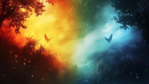 Bilateral sky gradient maps fire and night with silhouetted birds