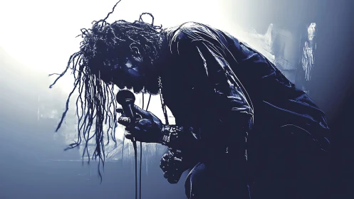 Silhouetted vocalist in blue monochrome digital painting