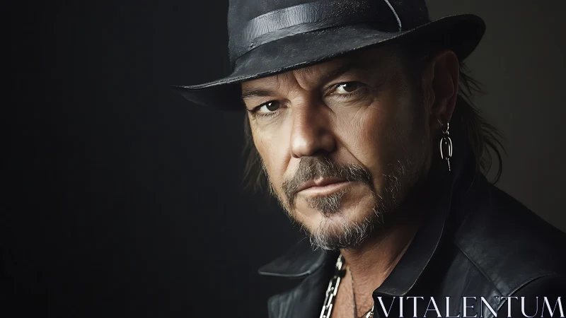Intense leather-clad man in hat under moody studio light.