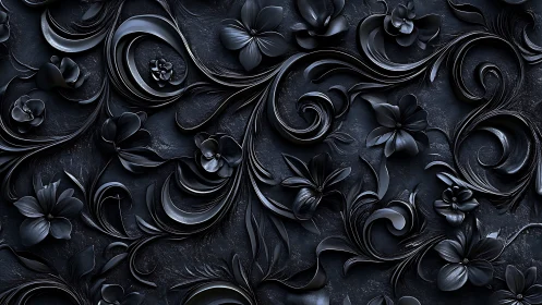 Midnight floral relief swirls in sculpted glossy black forms.