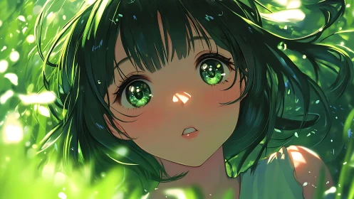 Green eyed daydreamer glowing in a sunlit forest meadow.