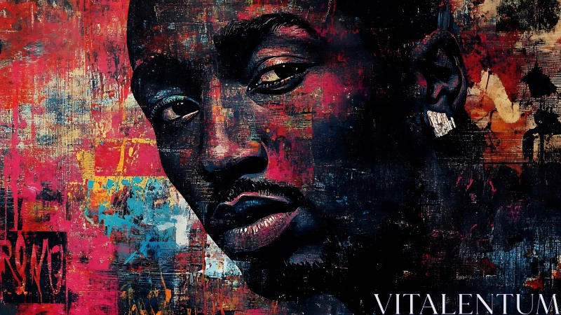 Bold urban portrait in layered abstract textures.