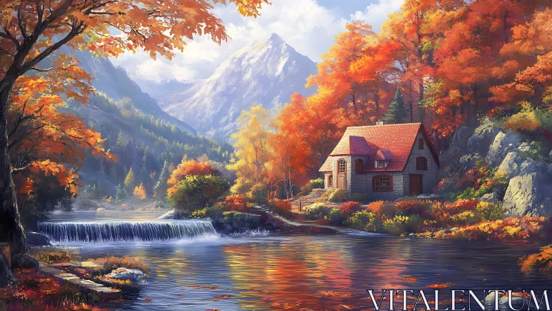 Autumn lake cottage below snowcapped mountains at sunrise