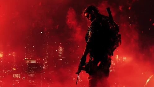 Lone tactical soldier over neon city in crimson haze.