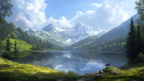 Snowcapped giants lean over a mirror-still alpine lake