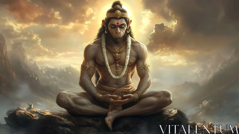 Mountain clouds cradle a meditating divine warrior monkey