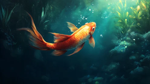 Orange koi fish in illuminated underwater vegetation scene.