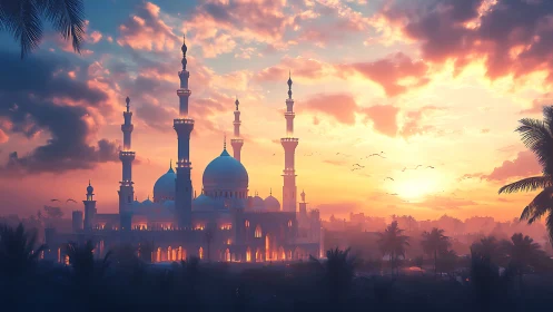 Digital painting of illuminated mosque at dramatic sunset sky.