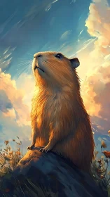 Sunlit prairie guardian gazes into a painted evening sky.