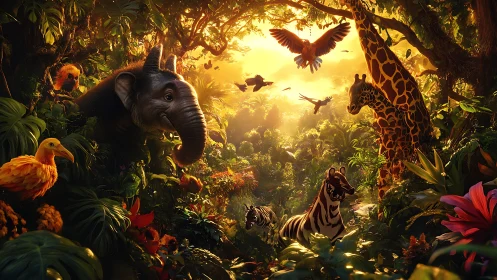 Luminous jungle gathering with stylized wildlife at sunrise.