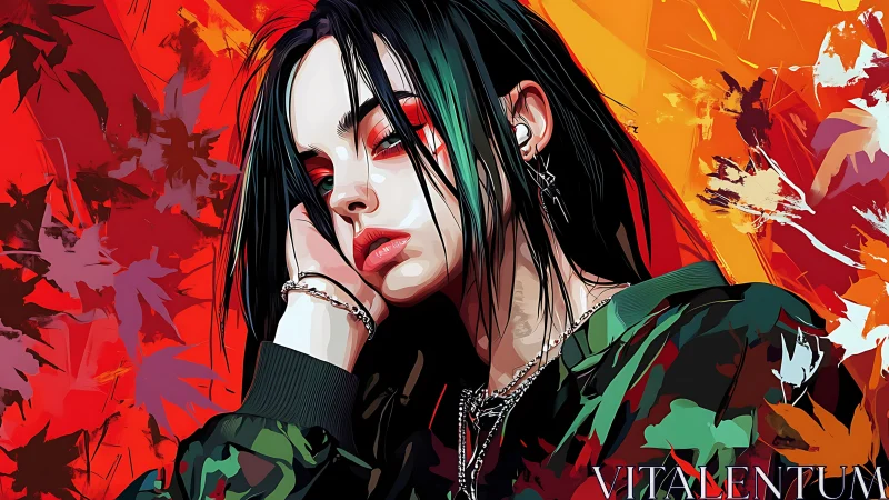 Moody girl portrait amid blazing abstract autumn reds.