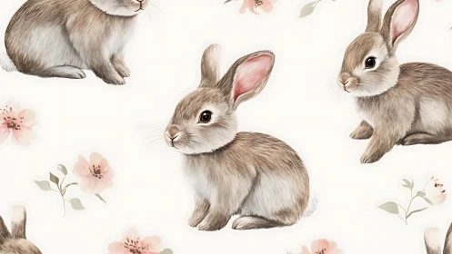 Softly rendered brown rabbits in repeating floral surface pattern