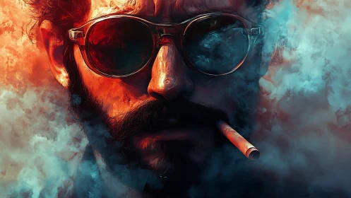 Man in sunglasses emerges through swirling neon smoke haze