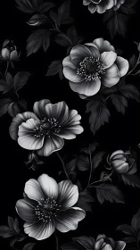 Black and White Floral Pattern with Detailed Botanical Elements.
