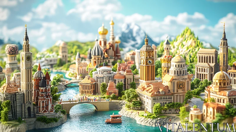 Miniature hybrid capital with iconic landmarks and river topology.