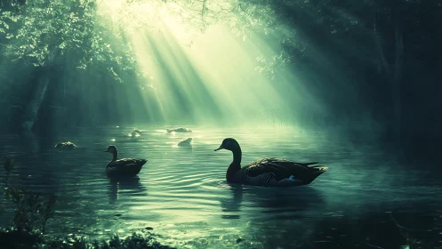 Morning light choreographs a quiet ballet of drifting ducks