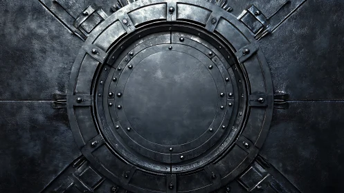 Industrial steel vault hatch with concentric riveted rings.