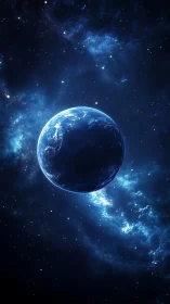 Peaceful blue planet floating gently in a starlit cosmos.
