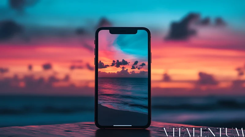 Smartphone viewport aligning seascape with neon dusk sky.