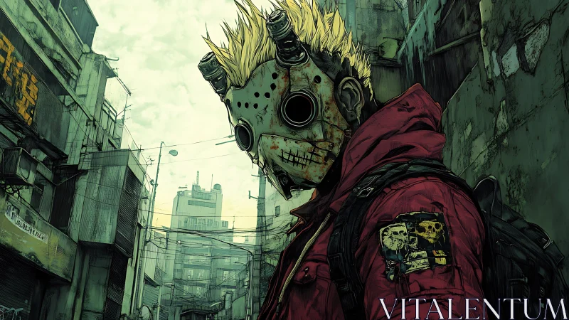 Masked figure in red jacket within dense urban ruins.