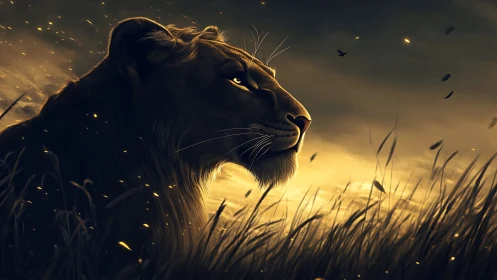 Lioness in warm backlight within tall dusk grass.