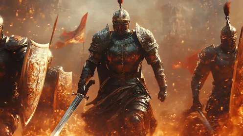 Armored knights advance through embers in dynamic battle charge
