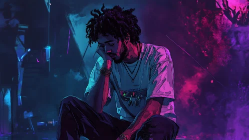 Neon midnight cradles a lone thinker in neon-blue gloom