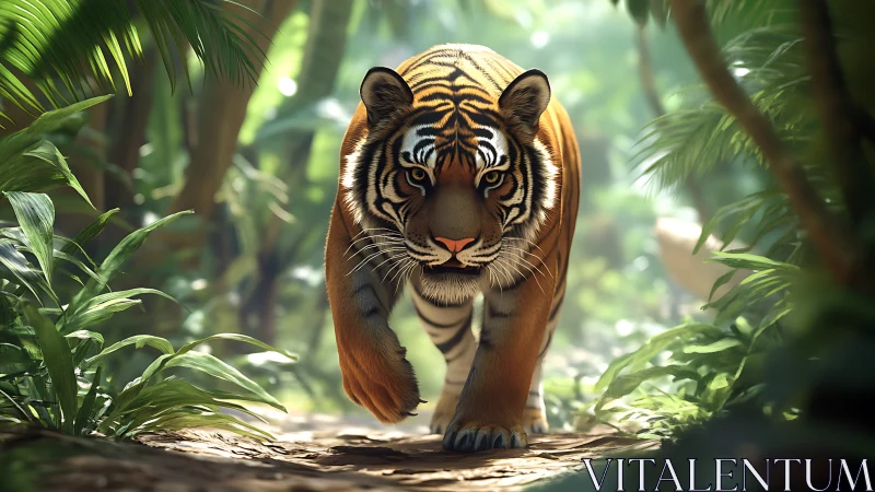 Tiger stalks sunlit jungle path with focused intensity.
