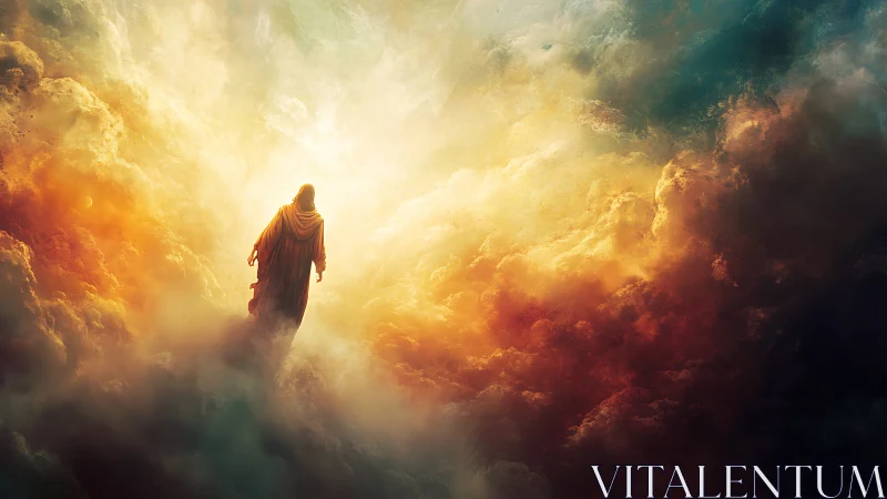 Lone robed figure ascends through blazing celestial clouds